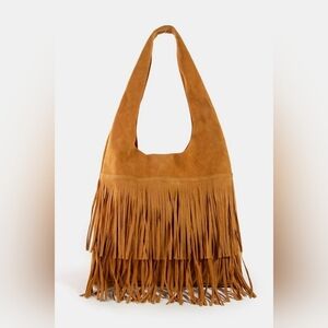 Fame Layered Fringe Detail Suede Hobo Bag